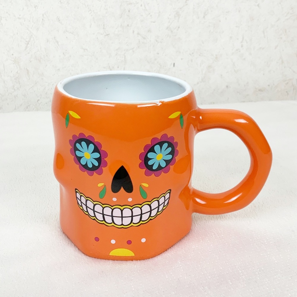3D Orange Sugar Skull Mug 16 Oz Fall Halloween Day Of The Dead Spooky - Picture 1 of 6